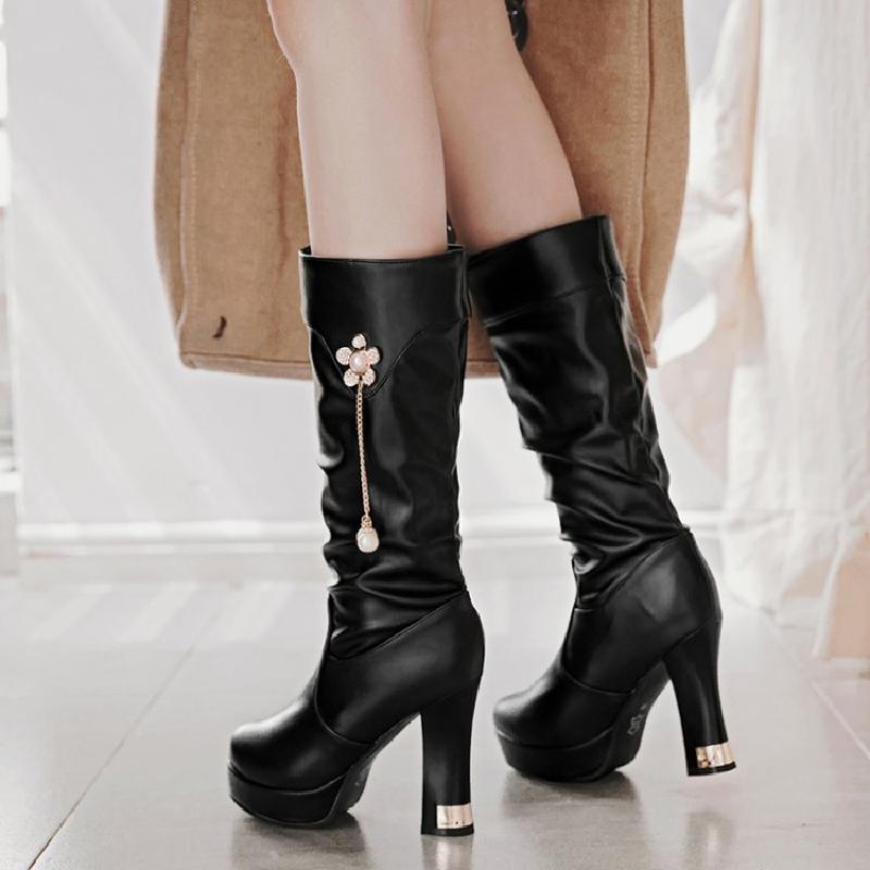 2017新款防水台高跟中筒靴粗跟圆头套筒百搭春秋单靴冬季女鞋靴子