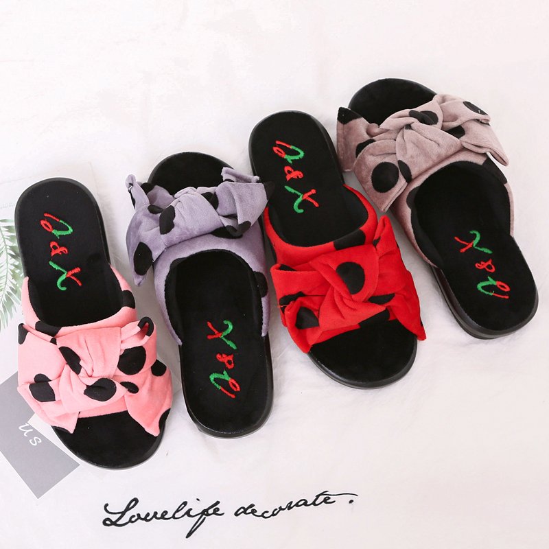 冬季高跟家居厚底防滑保暖棉拖鞋女可爱室内包跟月子蝴蝶结毛毛鞋