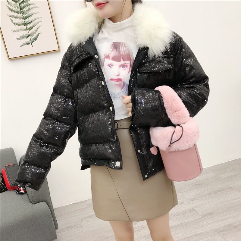 冬装新款棉服外套女2017韩版大毛领宽松亮片面包服棉衣百搭棉袄潮