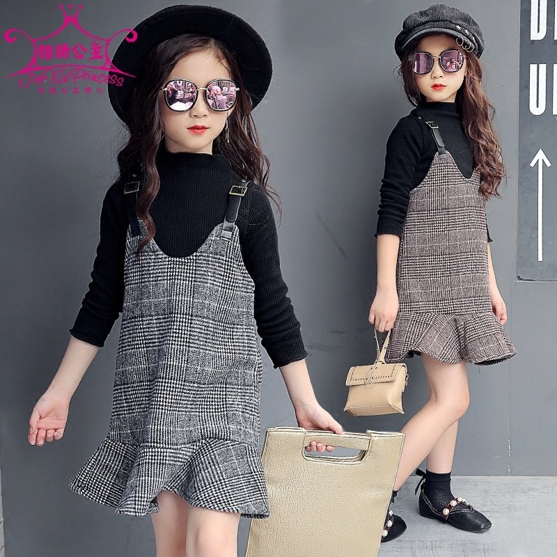 女童秋装套装2017新款中大儿童长袖两件套春秋休闲女孩格子裙潮衣
