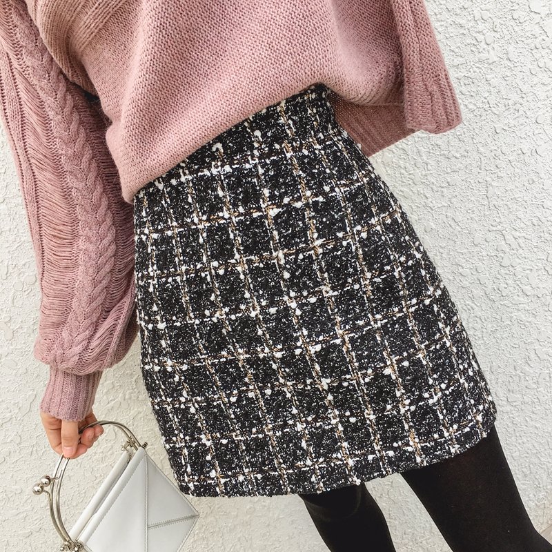 呢子半身裙女2017冬季新款韩版百搭高腰短裙a字格子一步裙包臀裙