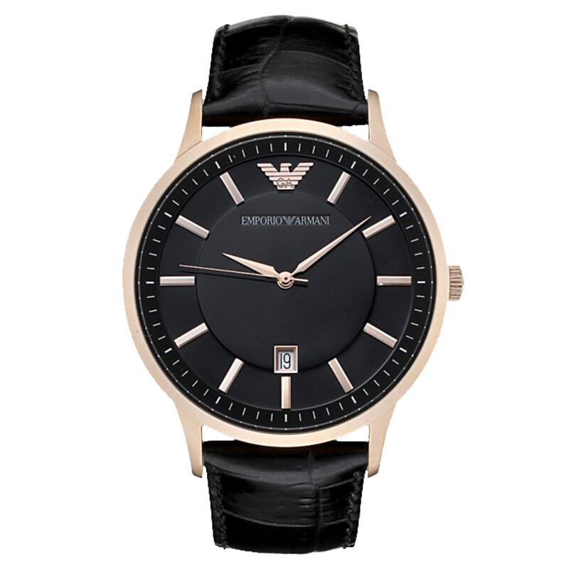 emporio armani阿玛尼真皮革石英表 男 时尚大三针商务休闲腕表 简约