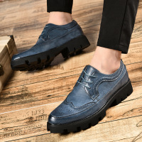 新款尖头皮鞋英伦厚底潮流韩版布洛克系带发型师男士休闲增高鞋子