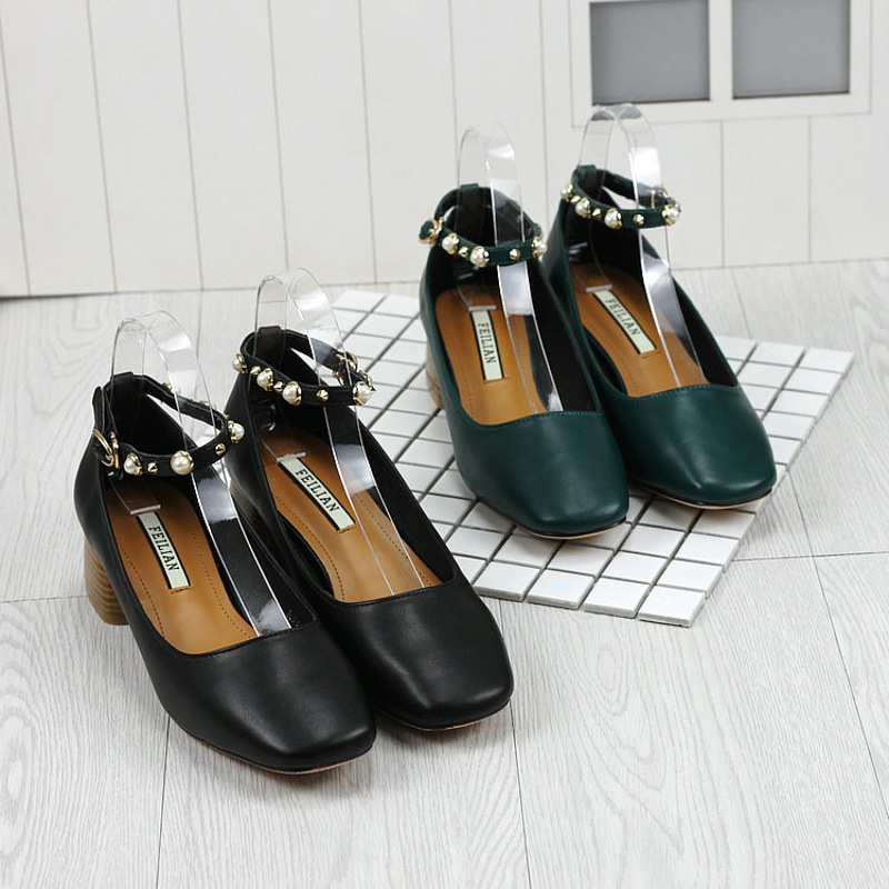 卓勝基女士中筒靴0 17年春秋新款女鞋韩版流行文艺女生浅口方头一字扣带粗跟单鞋子 价格图片品牌报价 苏宁易购鑫旺丰梦服饰鞋靴专营店