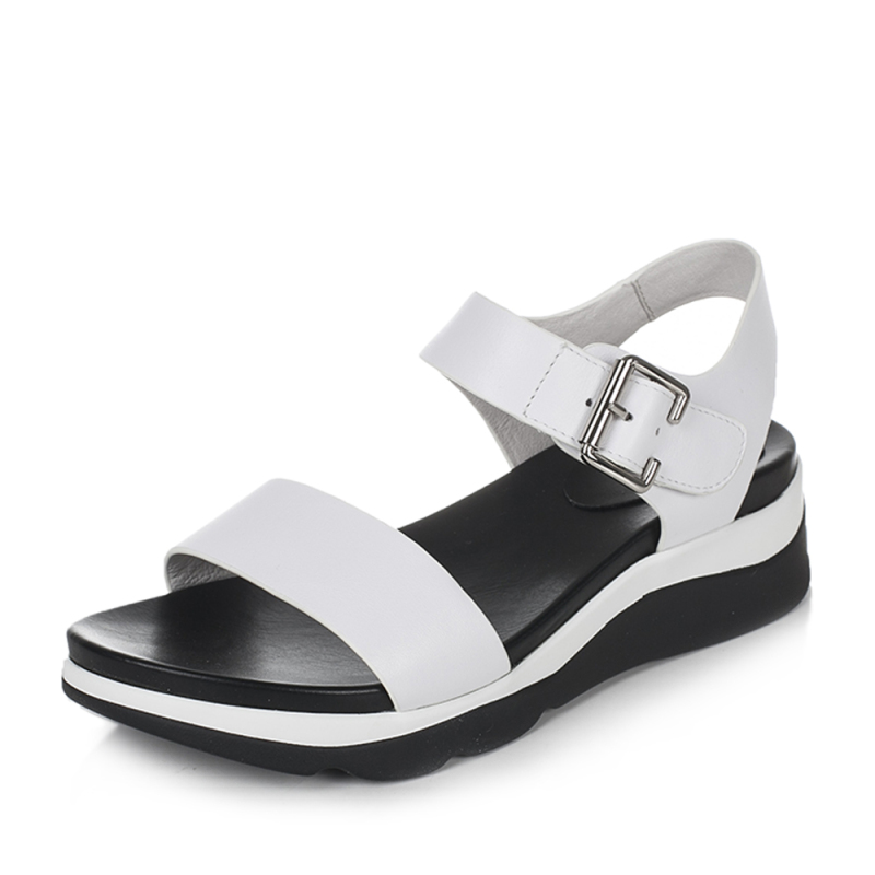 basto百思图夏季白色牛皮简约休闲一字带坡跟女凉鞋7176dbl7