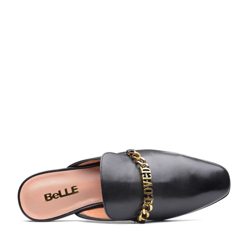 Belle/百丽夏新品专柜同款黑色油皮小牛皮女方头低跟后空穆勒鞋凉鞋BNQ30BH8图片