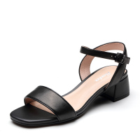 Bata/拔佳2019夏新款专柜同款羊皮革一字带粗中跟女凉鞋AI801BL9