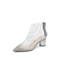 思加图2019冬季新款尖头粗跟闪钻胶片女短靴9YD61DD9