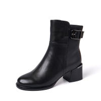 BASTO/百思图2019冬季专柜同款黑色(绒里)皮带扣女皮靴A3557DD9