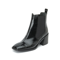 思加图2019冬季新款漆皮时尚方头粗跟短靴女皮靴子9JV04DD9