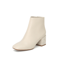 思加图2019冬季新款简约侧拉链方头粗跟牛皮短靴女皮靴子9T332DD9