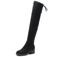 Bata/拔佳2018冬新款女靴专柜同款黑色弹力绒布蝴蝶结粗中跟女长靴过膝靴XBM01DC8