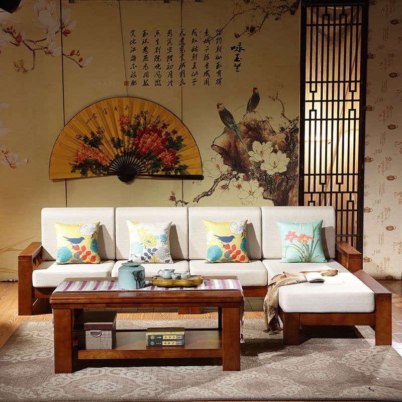 老故居现代中式实木沙发组合 橡木转角贵妃拉床沙发客厅家具图片