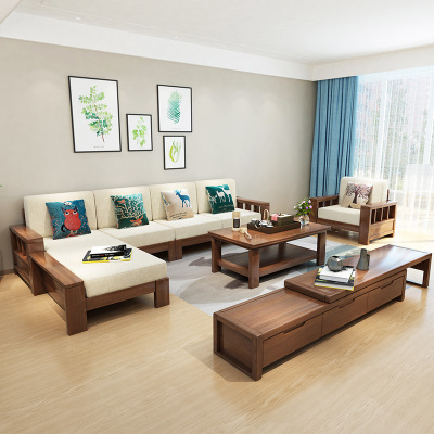 老故居 沙发 实木沙发 现代中式沙发组合 转角橡胶木沙发小户型木质布艺客厅家具