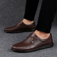 百丽牧貂品牌男鞋2019新款春季英伦男士商务休闲皮鞋男真皮透气百搭软底黑色皮鞋