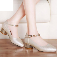 百丽牧貂2017新款秋季粗跟单鞋女高跟鞋中跟一字扣圆头韩版休闲皮鞋女鞋子