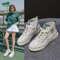 品牌百丽牧貂真皮帆布鞋女2021夏季新款网面透气平底鞋学生百搭高帮小白鞋女春