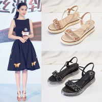 品牌百丽牧貂凉鞋女2021年新款百搭夏季时装仙女风罗马厚底松糕时尚女鞋ins潮