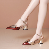 百丽牧貂[BAILIMUDIAO]高跟凉鞋女包头皮鞋子女夏季2021新款女鞋小众尖头粗跟皮凉鞋
