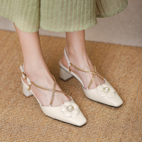 百丽牧貂[BAILIMUDIAO]凉鞋女粗跟夏季2021新款女鞋英伦包头鞋子女真皮方头高跟鞋女