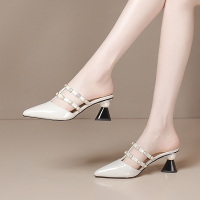 百丽牧貂[BAILIMUDIAO]包头皮拖鞋女外穿高跟鞋夏季2021新款女鞋漆皮凉拖鞋粗跟鞋子