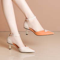 百丽牧貂【BAILIMUDIAO】细跟凉鞋女高跟鞋子女夏季2021新款女鞋拼色包头皮鞋尖头鞋女