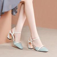 百丽牧貂[BAILIMUDIAO]高跟凉鞋女漆皮粗跟鞋子时尚夏季2021新款女鞋包头方头粗跟凉皮鞋