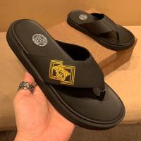 百丽牧貂[BAILIMUDIAO]欧洲站拖鞋男真皮鞋带刺绣橡胶底防滑夹脚黑色人字拖外穿沙滩鞋