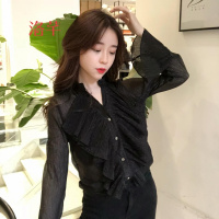 洛芊春季复古韩版立领单排扣荷叶边压褶喇叭袖淑女气质衬衣上衣女