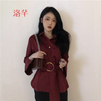 洛芊港味春季新款韩版好质感缎面面料气质腰带收腰中长款长袖衬衣女