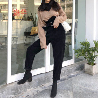 洛芊2018新款女装春装灯芯绒直筒裤女韩版bf学生高腰黑裤子小脚裤长裤