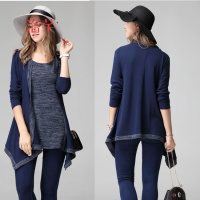 洛芊2018春装新款欧美假两件针织开衫胖mm中长款长袖大码显瘦纯色上衣