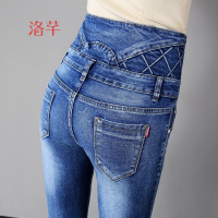 洛芊2018春季新款高腰牛仔裤女土韩版个性瘦腿不加绒春秋款