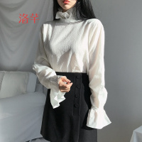 洛芊春季女上衣甜美复古喇叭长袖荷叶花边立领打底套头内搭罩衫
