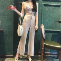 洛芊裤子女春2018新款韩国百搭学生宽松高腰显瘦绑带时尚阔腿裤女