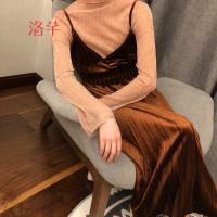 洛芊女春装2018新款百褶金丝绒复古风百搭时尚韩版气质宽松吊带裙