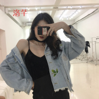 洛芊2018新款春季牛仔外套女时尚百搭复古不规则毛边刺绣短款上衣