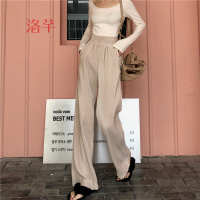 洛芊春季新款韩风丝绒百褶高腰宽松微喇叭裤阔腿裤休闲长裤女裤子