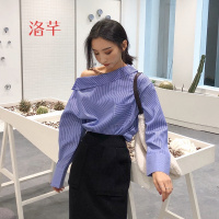 洛芊春款上衣女2018风显瘦百搭条纹韩版时尚长袖气质斜肩钮扣衬衣