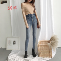 洛芊2018春装新款韩版显瘦荷叶边弹力高腰牛仔裤气质百搭腰带小脚裤女