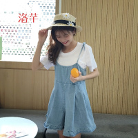 洛芊春装2018新款女韩版学院风小清新木耳边牛仔裤荷叶边连体裤吊带裤