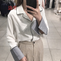 洛芊韩版春装女装复古港味风西装领口气质雪纺衫撞色包边长袖衬衫