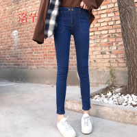 洛芊复古两粒扣高腰牛仔裤女装韩版春装修身显瘦小脚裤铅笔裤弹力长裤