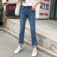 洛芊不规则毛边裤脚牛仔裤女装韩版春装水洗做旧直筒裤学生百搭九分裤