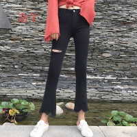 洛芊2018新款女装春装韩版学院风不规则高腰毛边修身显瘦喇叭裤牛仔裤