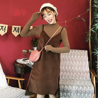 洛芊2018新款女装春装韩版弹力修身高领打底衫+纯色吊带裙时尚两件套