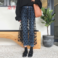 洛芊春装女装高腰蕾丝波点拼接裙裤韩版毛边裤脚不规则九分裤牛仔裤