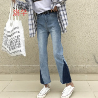 洛芊韩版水洗浅蓝侧边撞色牛仔裤早春女休闲百搭学生九分裤微喇叭裤女