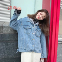 洛芊韩版春装女装宽松单排扣抽绳连帽上衣学生百搭长袖牛仔外套女