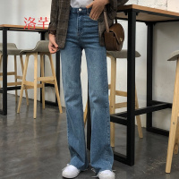 洛芊复古学院风韩版女装百搭春季新款水洗修身学生毛边牛仔裤微喇叭裤